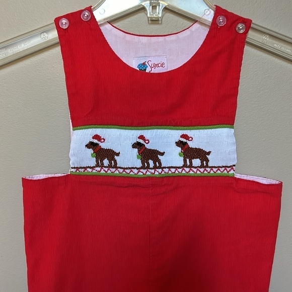Surcie Red Christmas Dogs Smocked Longalls Size 3 - Picture 1 of 9